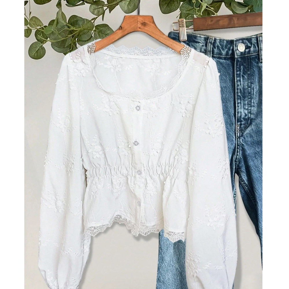 Boho White Semi Sheer Lace Button Down Embroidered Floral Top - Picture 5 of 9